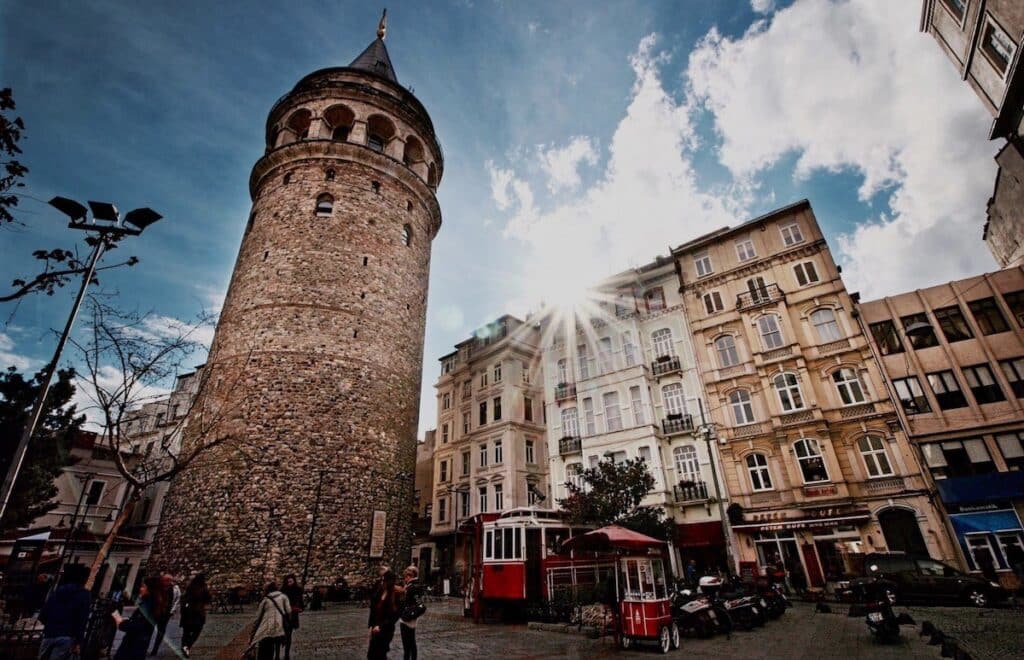 View from below Galata Tower, iconic buildings in Istanbul