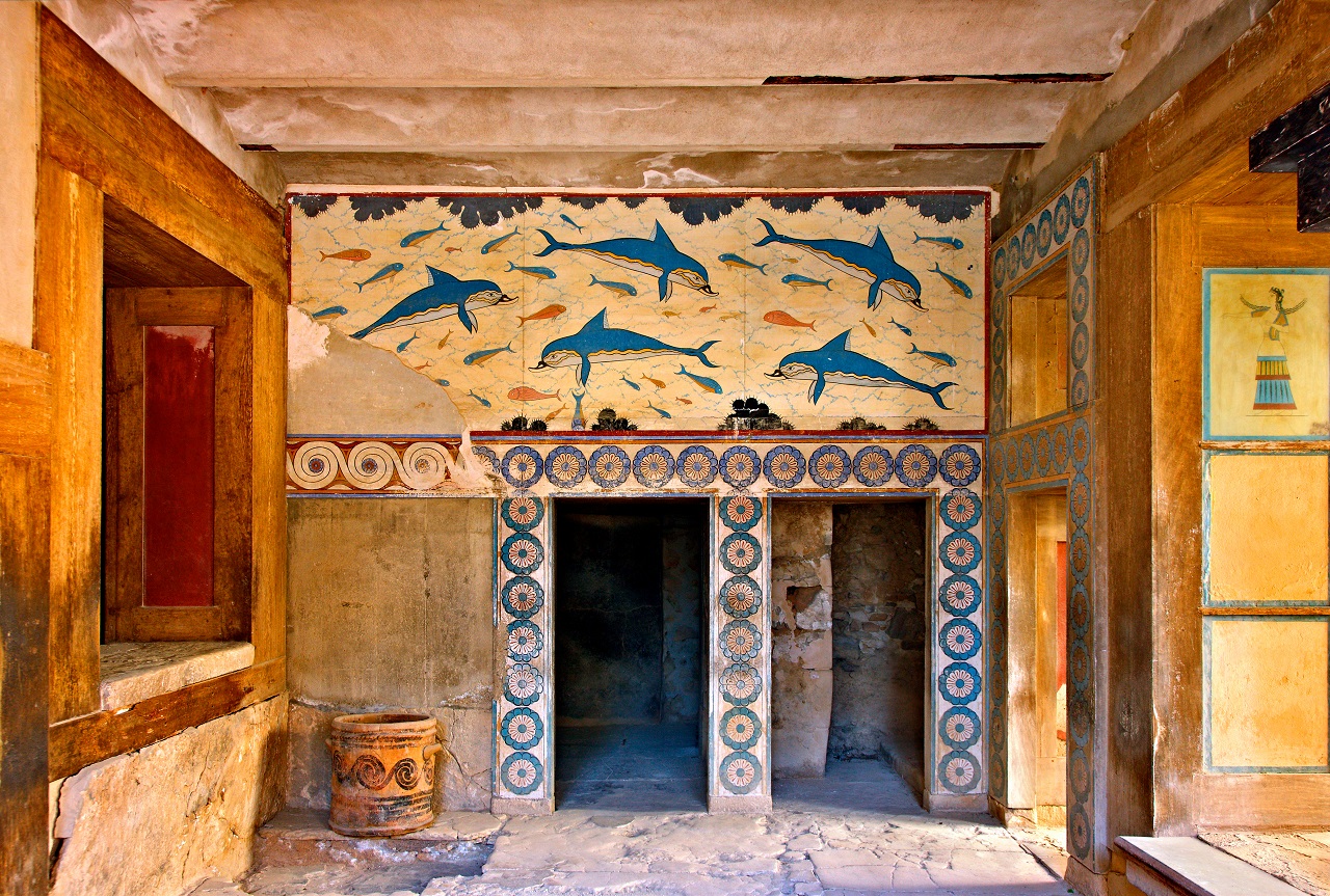 The Dolphins fresco from the Queen's Megaron at the Minoan palace of Knossos, Heraklion, Crete, Greece.