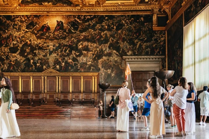 a group of people standing in a room