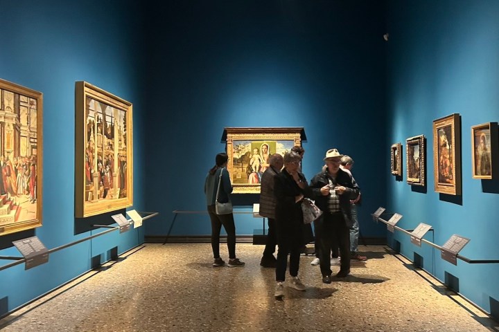 a group of people standing in a room